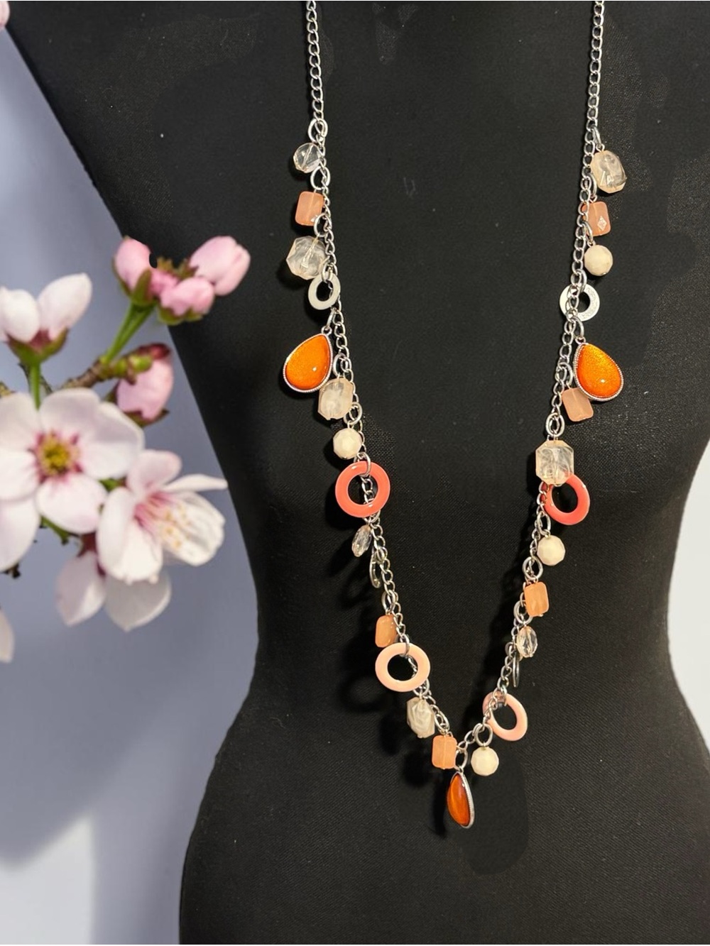 NY Collection Silver-Tone Shades of Orange Necklace 36”+2.5”